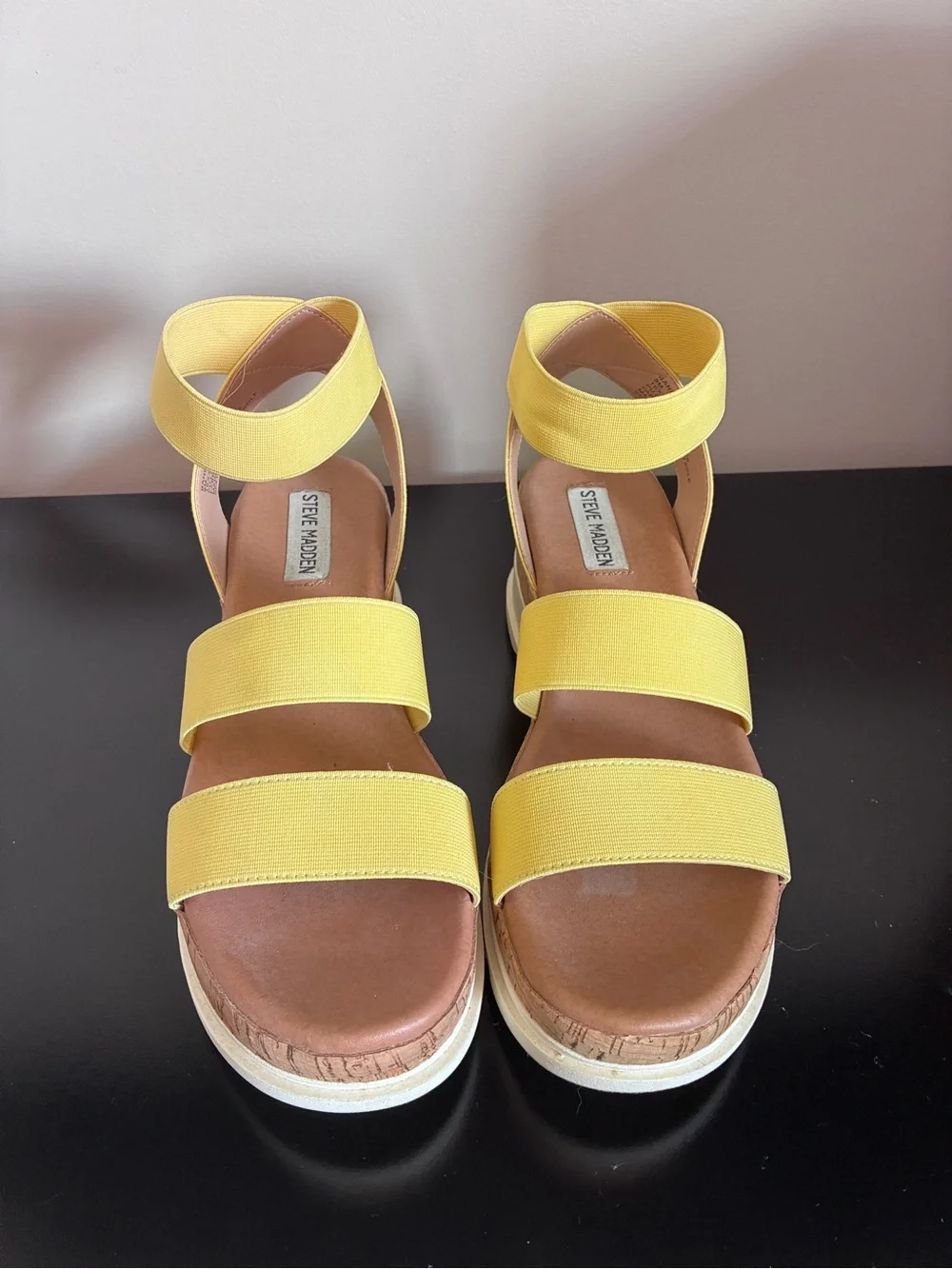 Steve Madden Yellow Elastic Strap Cork-Platform Sandals